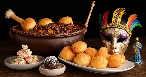 Authentic Brazilian cuisine with black bean feijoada stew, golden cheese pão de queijo rolls, deep-fried shrimp acarajé, and chocolate brigadeiro truffles displayed with Bahian berimbau, carnival mask, and Christ the Redeemer figurine on dark wood surface