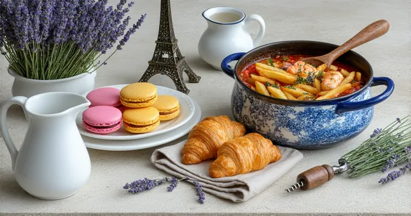 Authentic French cuisine with juicy steak frites, colorful delicate macarons, flaky golden croissants, and seafood-rich bouillabaisse displayed with Eiffel Tower model, Provençal pitcher, and vintage corkscrew on limestone with lavender