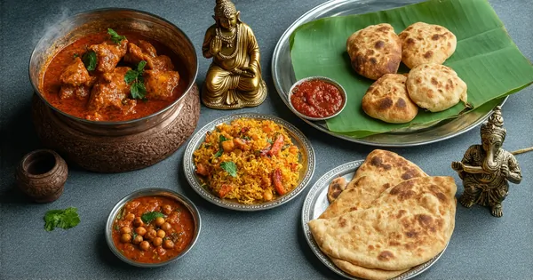 Authentic Indian cuisine with butter chicken in copper bowl, colorful chaat, flaky paratha bread, and chole bhature displayed with brass Ganesha figure, embroidered silk scarf, and carved wooden box on stone surface