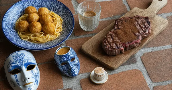 A culinary tribute to Italy, with carbonara, supplì, bistecca, tiramisu, Venetian mask, Deruta pottery, and Colosseum on terracotta.