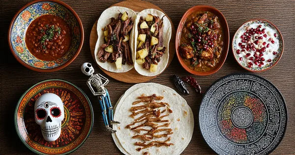 A vibrant tableau showcasing authentic Mexican cuisine: tacos al pastor, molé poblano, tlayudas, chiles en nogada, and cultural artifacts.