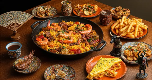 A vibrant tableau showcasing authentic Spanish cuisine with seafood paella, assorted tapas, golden tortilla española, and churros with chocolate displayed with a wooden fan, ceramic bull, and flamenco dancer figurine on a tiled table.