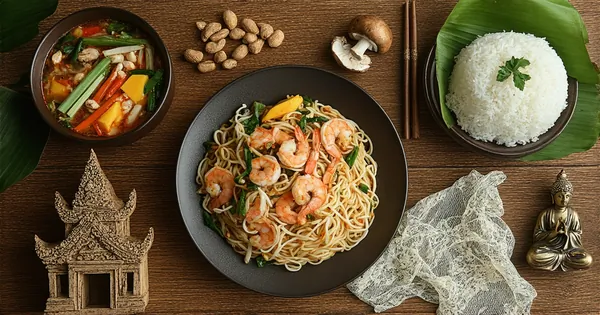 A vibrant tableau showcasing authentic Thai cuisine: Pad Thai, Tom Yum soup, papaya salad, and mango sticky rice with cultural artifacts.