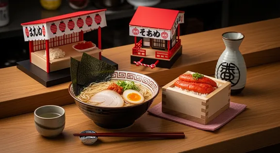 Professional photograph of Fukuoka's hakata ramen and mentaiko spicy cod roe with miniature yatai food stall, Gion Yamakasa festival float, and sake cup on wooden counter with atmospheric evening lighting