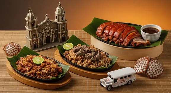 A culinary tribute to Manila, featuring sizzling pork sisig and crispy lechon with a San Agustin Church model, jeepney, and capiz shell.