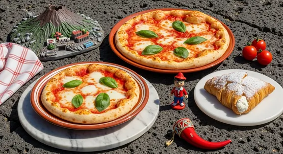 A vibrant still life of Naples's iconic cuisine, featuring pizza margherita and sfogliatella pastry with a miniature Mount Vesuvius and Pulcinella figurine.