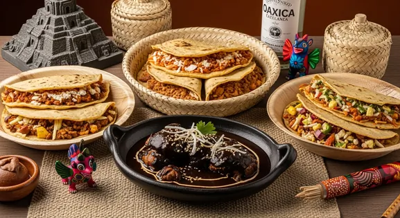 A culinary tribute to Oaxaca's cuisine, featuring mole negro and tlayudas with Monte Alban ruins, an alebrije, and mezcal on a woven mat.