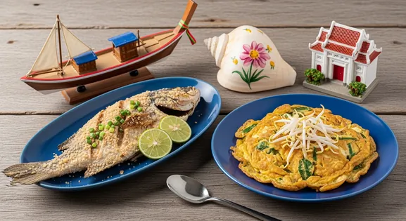 A visual feast of Phuket's cuisine, featuring pla pao grilled fish and o-tao omelette with a longtail boat and seashell.