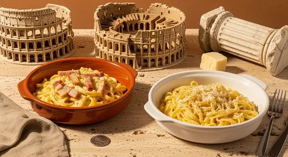 A culinary tribute to Roman cuisine, featuring carbonara and cacio e pepe pasta with a miniature Colosseum, Roman coin, and marble fragment.