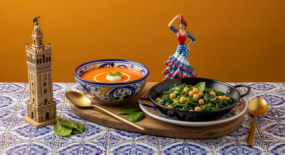 A showcase of Seville's cuisine, featuring gazpacho and espinacas con garbanzos with Giralda Tower and flamenco figurine.