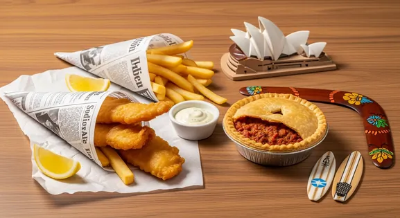 An artful composition of Sydney's cuisine, featuring fish and chips and meat pie with a miniature Opera House, surfboard, and boomerang.