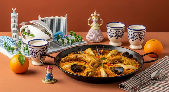 A culinary tribute to Valencia, featuring paella valenciana and horchata with a City of Arts model, Fallas figurine, and orange.