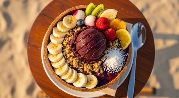 Overhead view of authentic Brazilian açaí na tigela in a wooden bowl, featuring deep purple açaí sorbet topped with sliced...