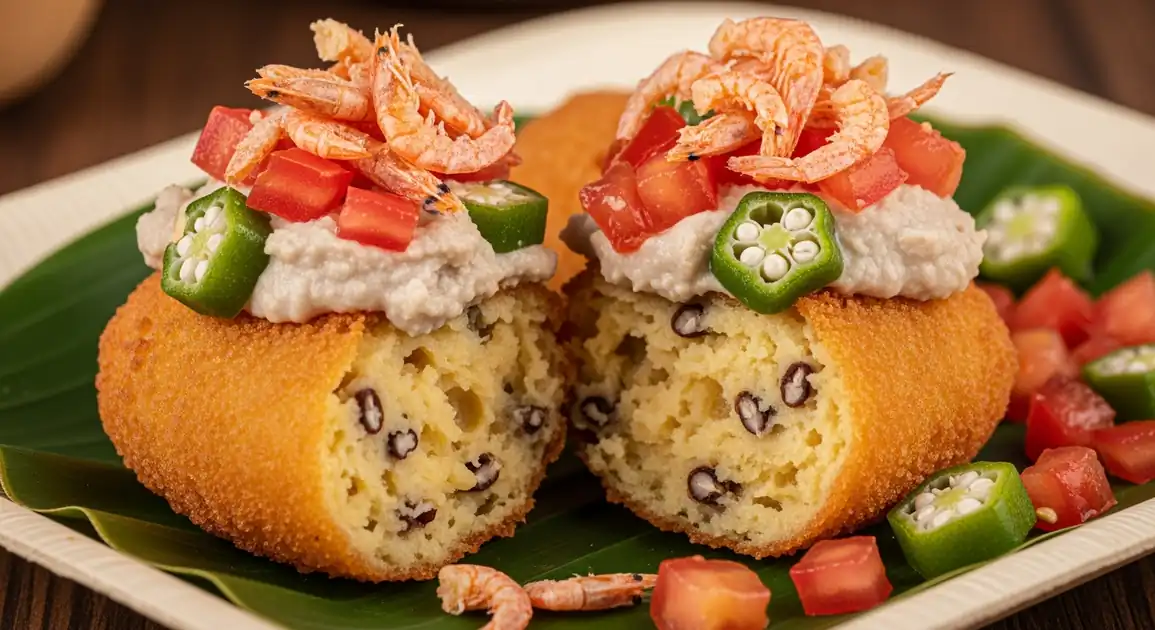 Authentic Brazilian acarajé from Salvador - golden-brown deep-fried black-eyed pea fritter split open showing light, porous...