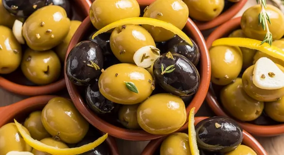 Close-up overhead shot of authentic Spanish Aceitunas Aliñadas from Spain, featuring assorted green and black olives...