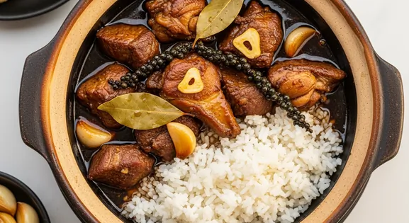 Overhead view of authentic Filipino Adobo from the Philippines featuring tender chunks of marinated pork and chicken in a...