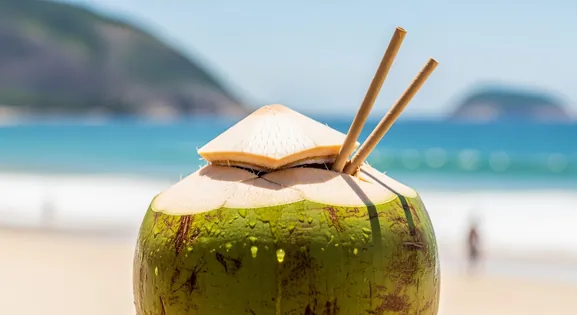 Close-up of a chilled green Água de Coco from Brazil, top cut open with straws inserted, condensation visible, set against a...