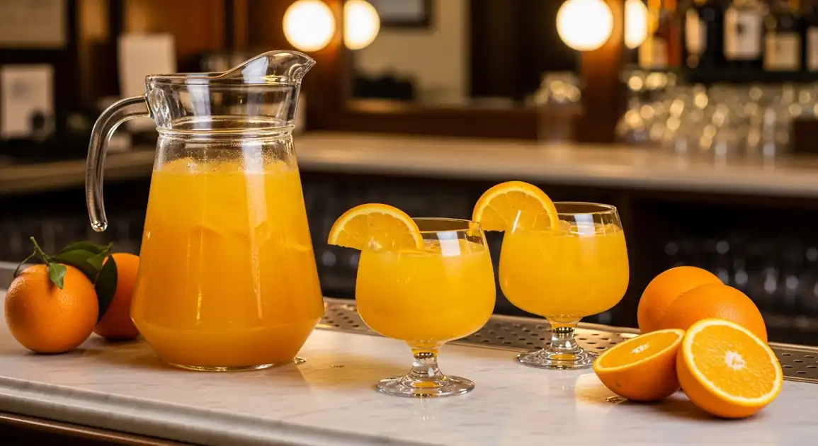 Glass pitcher and two cocktail glasses filled with bright orange Agua de Valencia cocktail, garnished with orange slices...