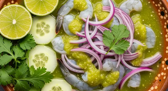 Authentic Mexican Aguachile served in a traditional clay dish; raw shrimp marinated in bright lime juice with vibrant green...