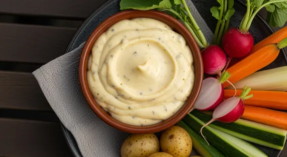 Authentic French aioli in a rustic ceramic bowl, showing creamy pale yellow garlic mayonnaise with visible garlic specks...