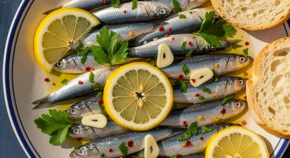 Overhead view of authentic Italian Alici Marinate from Naples; silvery-blue marinated anchovies arranged in overlapping...