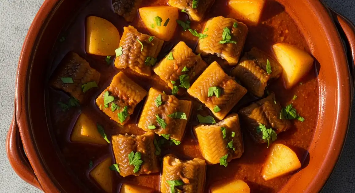 Authentic Spanish All-i-pebre served in a traditional clay cazuela, showing tender chunks of eel in a rich reddish-brown...