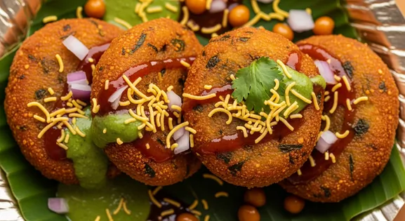 Overhead view of authentic Indian Aloo Tikki from Delhi street vendor - golden-brown crispy potato patties with visible herb...