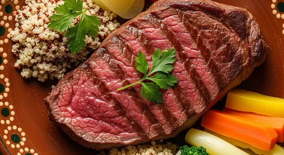 Overhead view of a perfectly seared alpaca steak from Peru with a caramelized reddish-brown exterior and juicy interior...