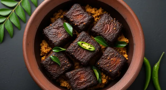 Authentic Sri Lankan Ambulthiyal (sour fish curry) - dark caramelized chunks of tuna coated in rich goraka paste, garnished...
