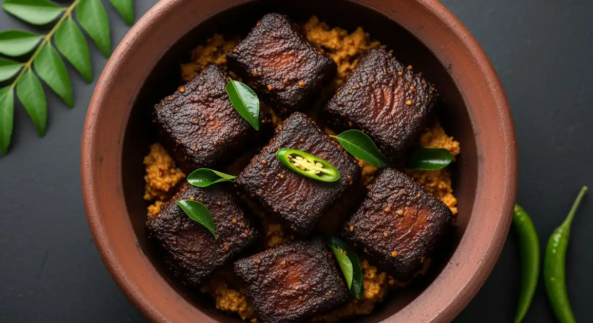 Authentic Sri Lankan Ambulthiyal (sour fish curry) - dark caramelized chunks of tuna coated in rich goraka paste, garnished...