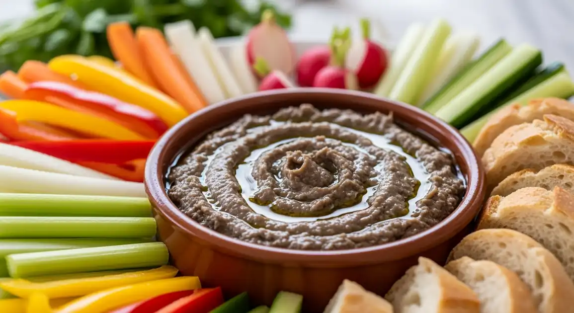 Close-up of authentic French Anchoïade from Marseille; a rustic bowl of dark anchovy dip with olive oil, surrounded by fresh...