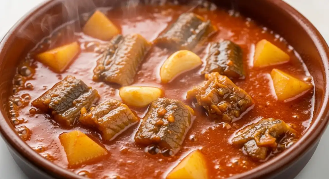 Authentic Anguilas al Albufera (All i Pebre) from Valencia, Spain: chunks of cooked eel and potato in a rich, red paprika...