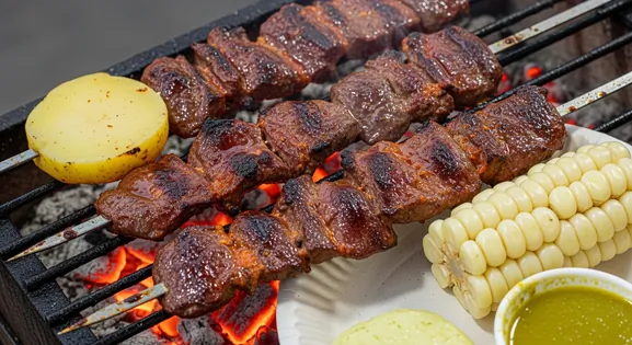 Close-up of authentic Peruvian Anticuchos from Lima: skewers of grilled beef heart glistening with marinade over charcoal...