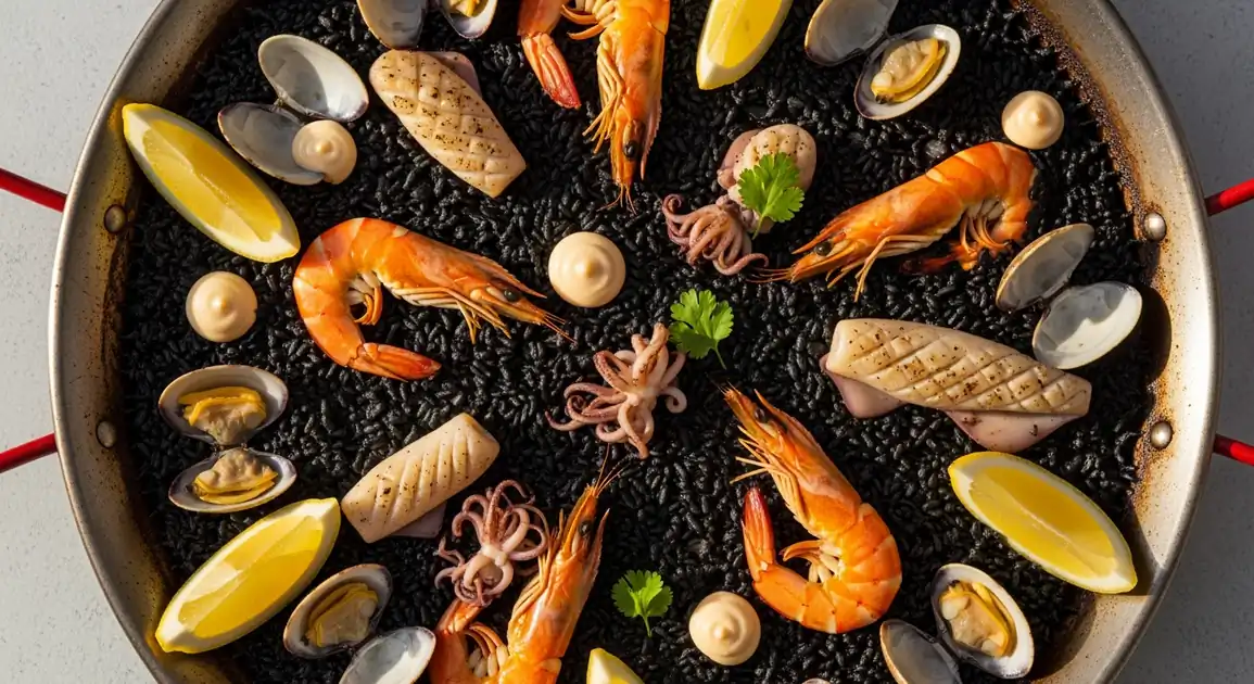 Overhead view of authentic Spanish Arroz Negro served in a traditional wide paella pan, showcasing glistening black rice...