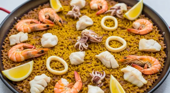 Close-up overhead shot of authentic Arroz del Senyoret from Spain; saffron rice with peeled shrimp, squid, and fish in a paella pan.