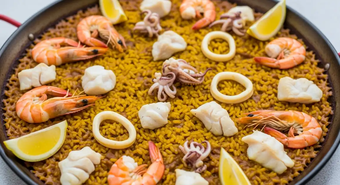 Close-up overhead shot of authentic Arroz del Senyoret from Valencia, Spain; saffron rice with peeled shrimp, squid, and...