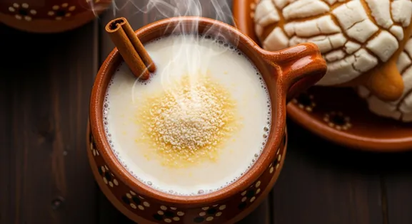 Overhead view of traditional Mexican atole de granillo served in an earthenware clay mug - a steaming thick corn beverage...