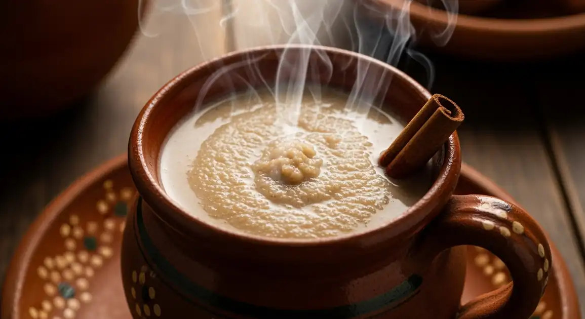 Steaming hot Atole de Pinole, a traditional Mexican roasted ground corn drink, served in a rustic clay mug ('jarrito')...
