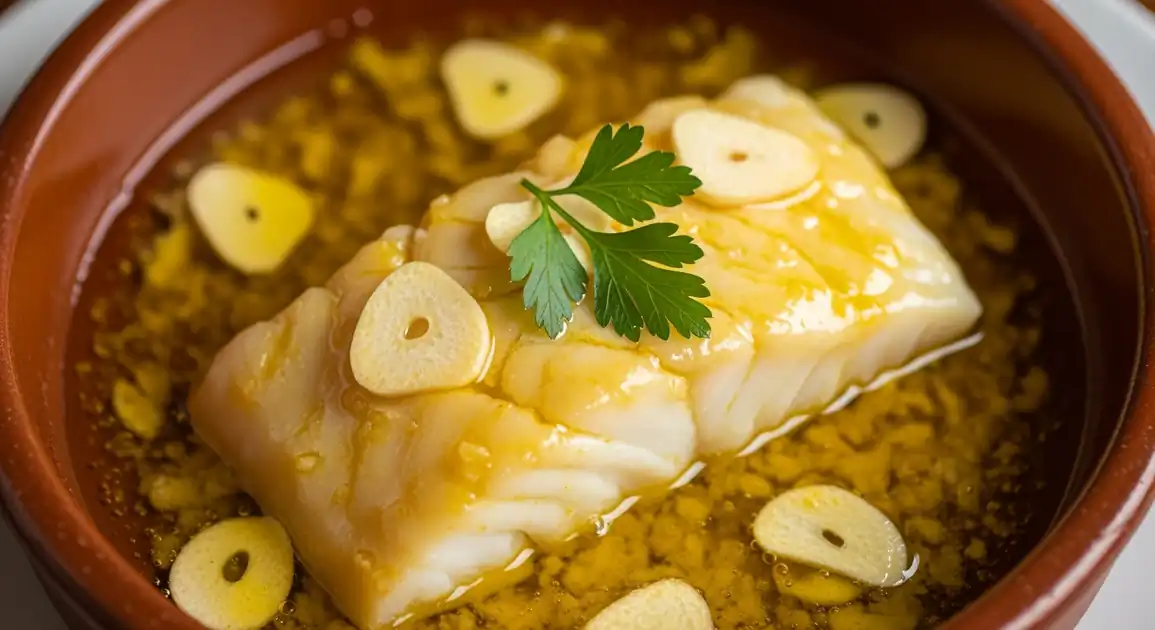 Close-up overhead view of authentic Spanish Bacalao al Pil Pil in a traditional earthenware cazuela, showing flaky white cod...