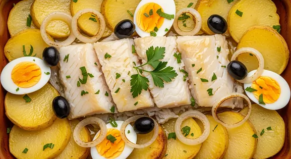 Close-up of authentic Brazilian Bacalhau à Portuguesa featuring flaky white salt cod, roasted potatoes, hard-boiled eggs...