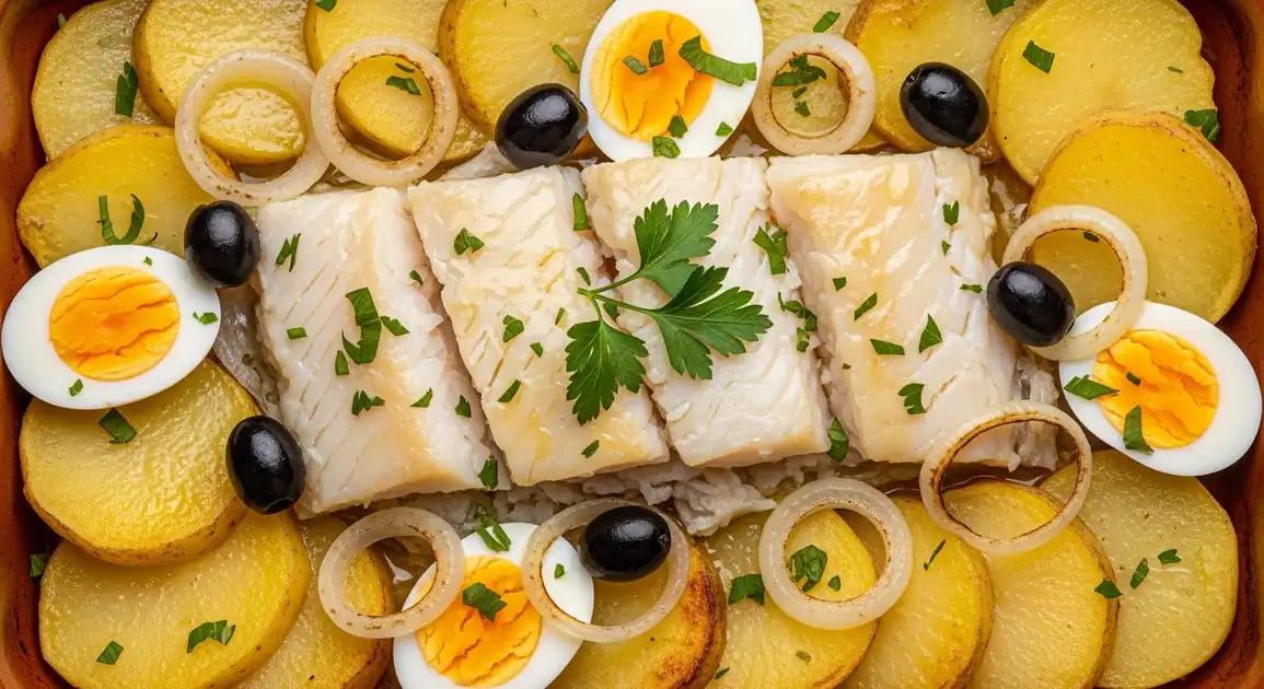 Close-up of authentic Brazilian Bacalhau à Portuguesa featuring flaky white salt cod, roasted potatoes, hard-boiled eggs...