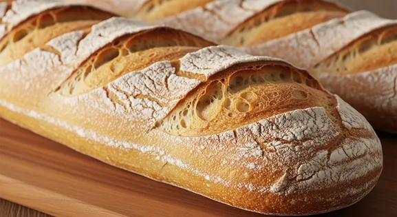 Authentic French baguette tradition displayed at 45-degree angle, showing golden-brown artisanal crust with distinctive...