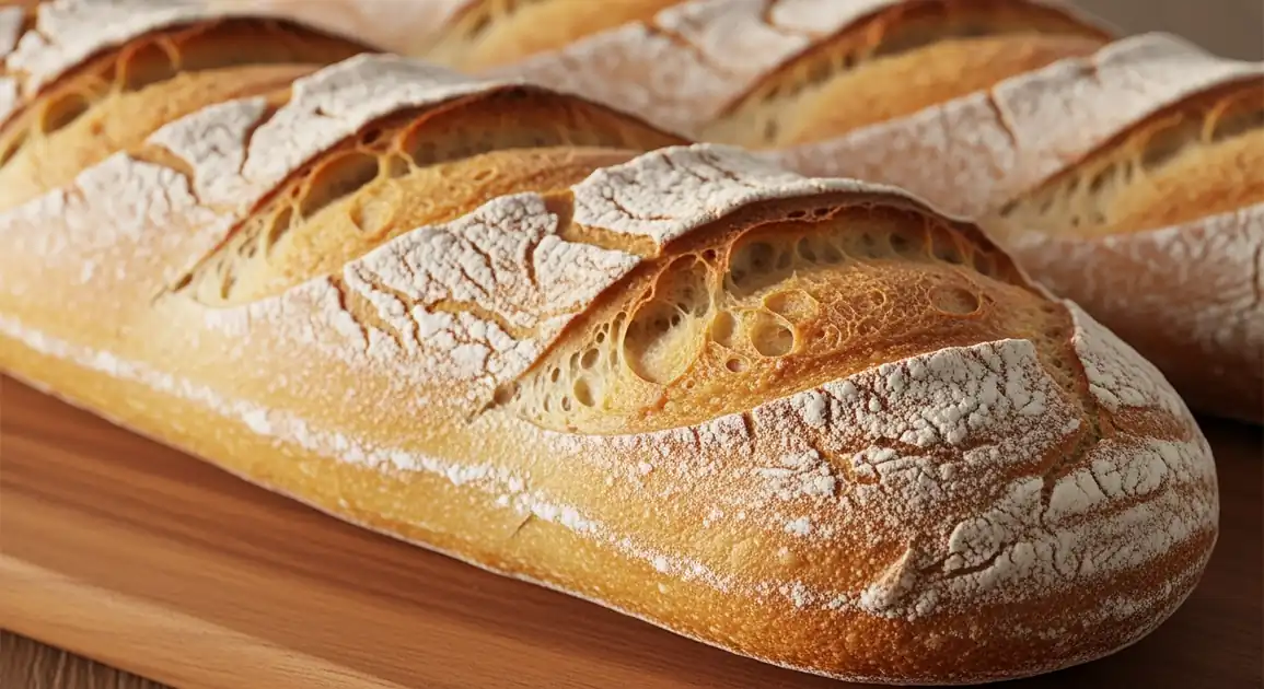 Authentic French baguette tradition displayed at 45-degree angle, showing golden-brown artisanal crust with distinctive...