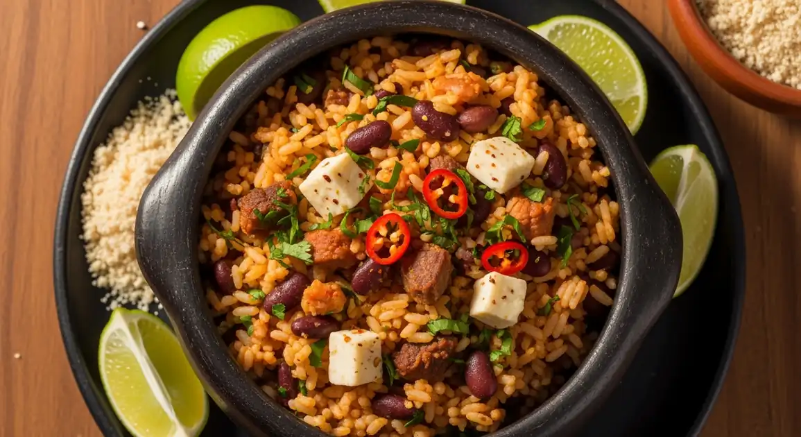 Overhead view of authentic Brazilian Baião de Dois served in a traditional clay pot, showing a colorful mixture of rice and...