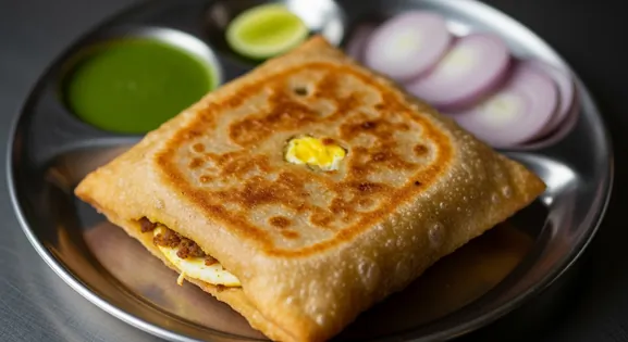 Close-up of authentic Indian Baida Roti from Mumbai, a square, golden-brown fried parcel on a steel plate with green chutney...