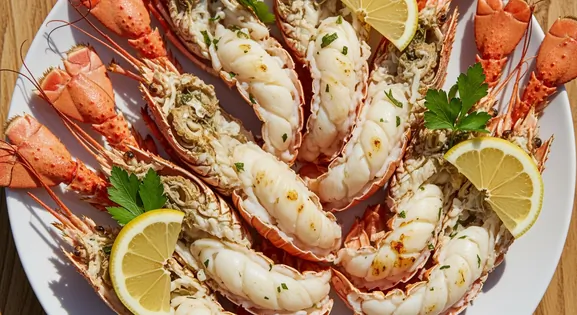 Top-down view of several cooked Balmain Bugs from Australia, split lengthwise showing succulent white flesh, served on a...