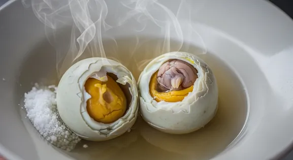 Close-up of a steaming, partially peeled Balut (fertilized duck egg) from the Philippines, revealing broth, yolk, and...
