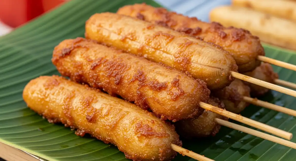 Close-up of authentic Filipino banana cue from Manila - deep-fried saba bananas on bamboo skewers with a glistening...