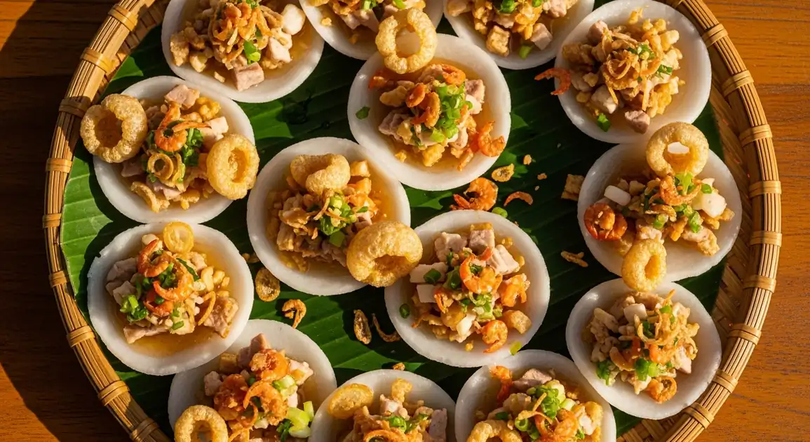 Overhead view of authentic Vietnamese Bánh Bèo - small white steamed rice cakes arranged in individual ceramic dishes on a...