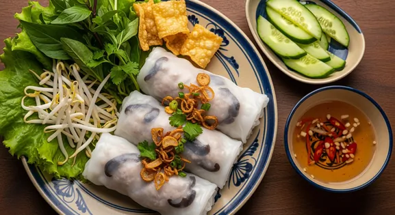 Overhead view of authentic Vietnamese Bánh Cuốn from Hanoi; translucent steamed rice rolls filled with minced pork and wood...
